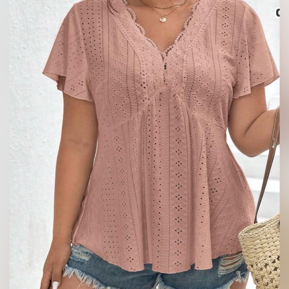 Women's Mauve Eyelet V-Neck Lace Trim Top
